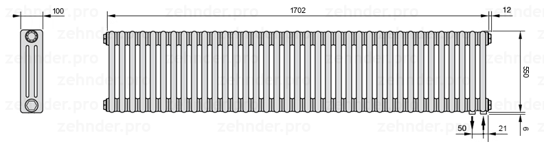 Схема (чертеж) Радиатор Zehnder Charleston 3055/37 №5510 Белый глянцевый RAL 9016
